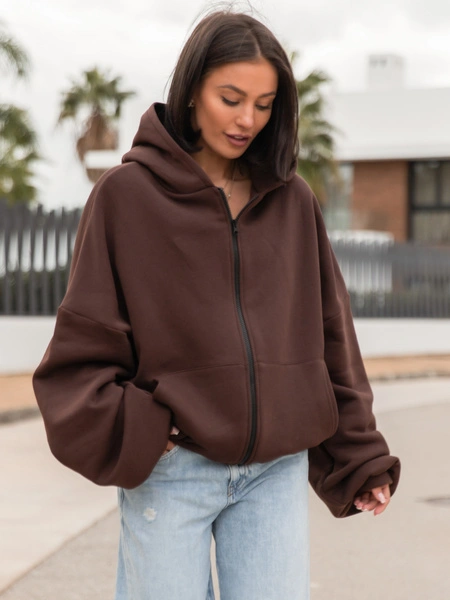 Oversizowa BLUZA z kapturem zapinana na zamek bluzowana kangurka z bawełnianej dresówki brązowa X1