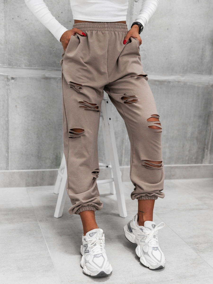 Bawełniane SPODNIE dresowe z dziurami cappuccino D581 k01