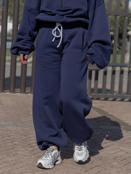 Oversizowe bawełniane SPODNIE dresu drapanego z przeszyciem i ściągaczami navy blue X476