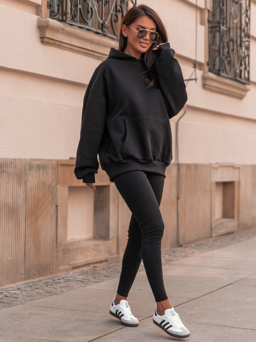 Bawełniana dresowa BLUZA oversize z kapturem i mankietami z prążkowanej dzianiny czarna E340 k01