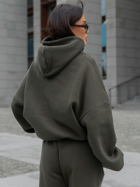 Viralowa Bawełniana BLUZA z drapanego dresu z kapturem na stójce z kieszeniami kangurka dark khaki E1