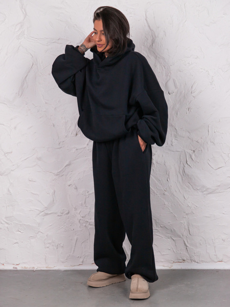 Dresowa bawełniana BLUZA z kapturem oversize szeroka czarna E644