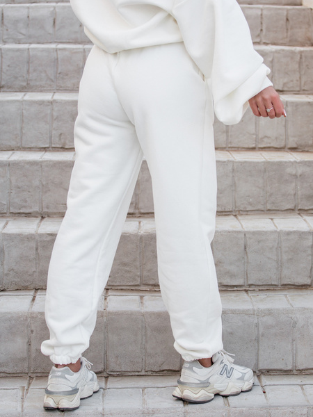 Bawełniane SPODNIE z drapanego dresu z wysokim stanem ze ściągaczem ecru E2 k01