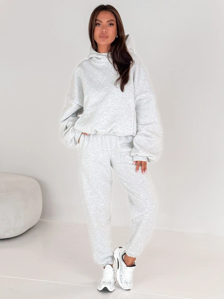 Dresowe bawełniane SPODNIE z wysokim stanem luźny krój ze ściągaczami szary melanż E341