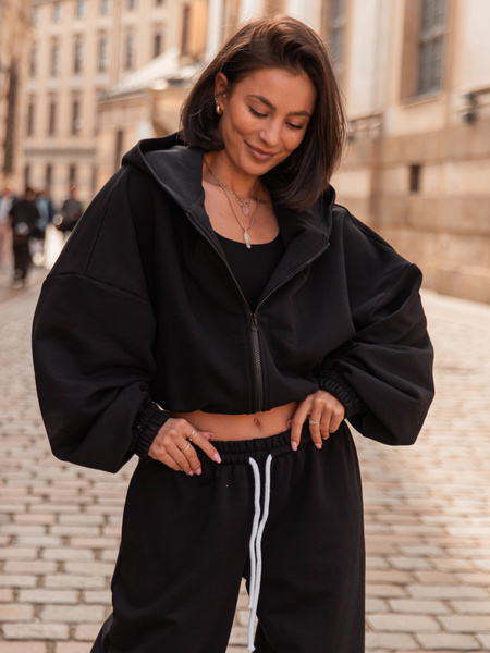 Luźna BLUZA z kapturem zapinana na zamek oversize szeroka z bawełnianej dresówki niedrapanej od wewnątrz czarna X218 k01