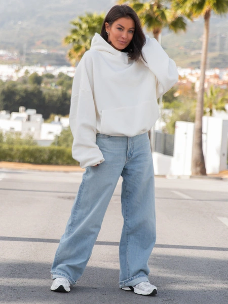 Viralowa Bawełniana BLUZA z drapanego dresu z kapturem na stójce z kieszeniami kangurka ecru E1