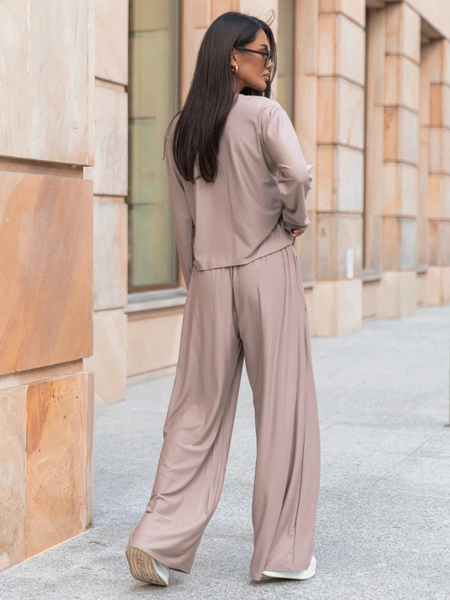 Codzienny komfortowy KOMPLET z wiscozy luźna bluzka z długim rękawem i szerokie spodnie mokka X318