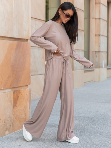 Codzienny komfortowy KOMPLET z wiscozy luźna bluzka z długim rękawem i szerokie spodnie mokka X318