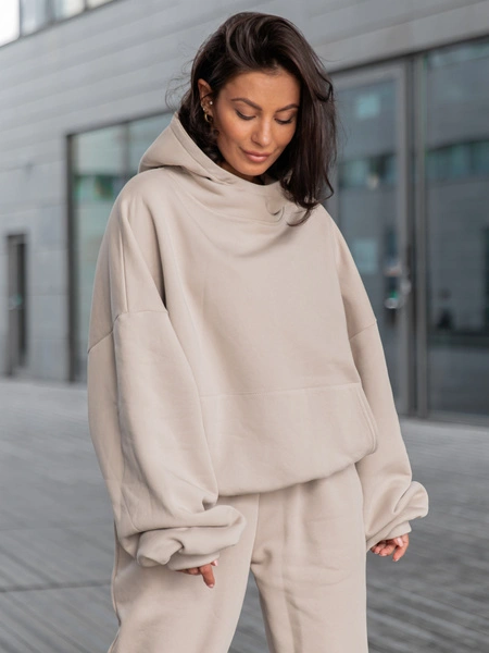 Viralowa Bawełniana BLUZA z drapanego dresu z kapturem na stójce z kieszeniami kangurka stone E1