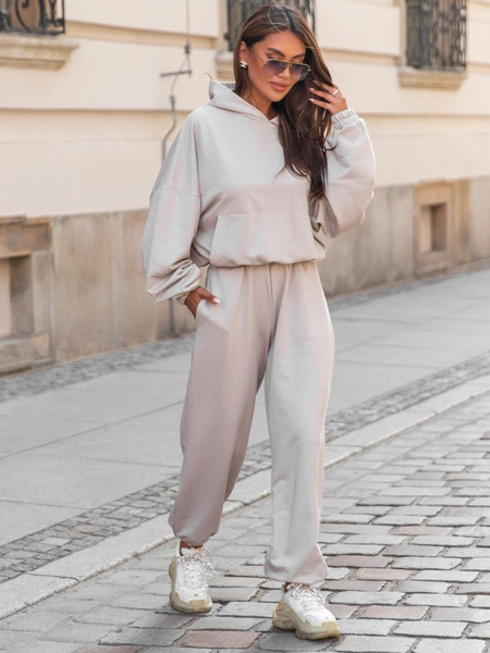 Dresowy bawełniany KOMPLET oversizowy bluza z kapturem i szerokie spodnie ze ściągaczami stone E315