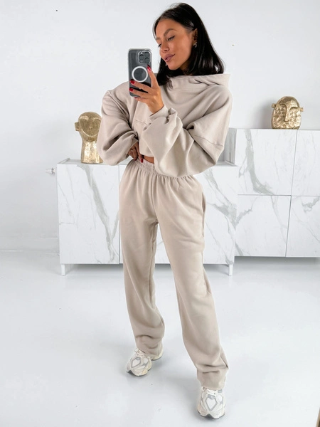 Dresowe bawełniane SPODNIE z wysokim stanem luźny krój stone E359 k01