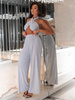 Elegancki brokatowy KOMPLET top halter i szerokie spodnie srebrny E653 k01
