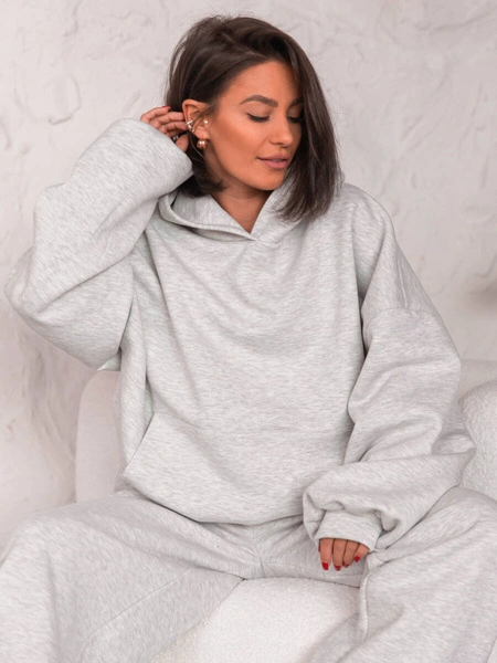 Dresowa bawełniana BLUZA z kapturem oversize szeroka szary melanż E644