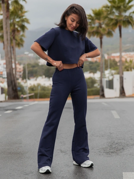 Dresowy bawełniany T-SHIRT z krótkim rękawem oversize navy blue X56 k01