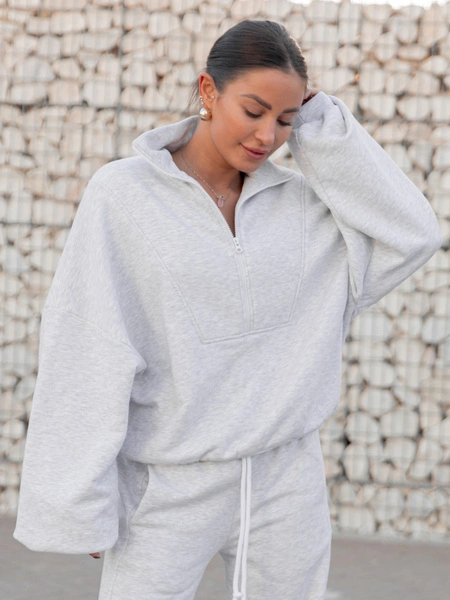 ZESTAW DRESOWY: Oversizowa BLUZA z dresu drapanego na stójce z zamkiem X477 + Oversizowe SPODNIE dresu drapanego z przeszyciem i ściągaczami X476