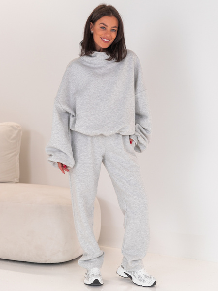 Dresowe bawełniane SPODNIE z wysokim stanem luźny krój szary melanż E359 k01