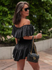 KOMPLET bluzka hiszpanka z odkrytymi ramiona i asymetryczne spódnico spodenki ze zwiewnej tkaniny czarny E286 k01