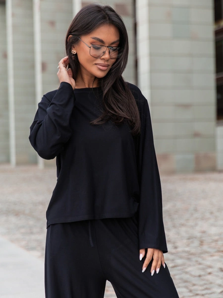 Wiscozowy luźny szeroki T-SHIRT z długim rękawem czarny X415