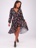 ASYMETRYCZNA SUKIENKA WIĄZANA W PASIE czarna w duże kwiaty B191 k01