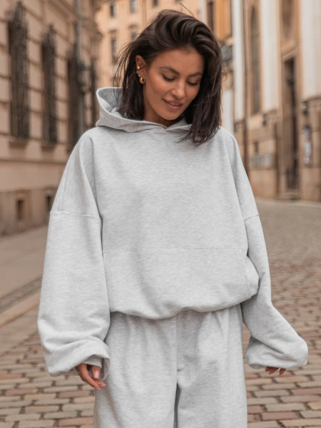 Luźna BLUZA z kapturem oversize szeroka z bawełnianej dresówki niedrapanej od wewnątrz szary melanż X150