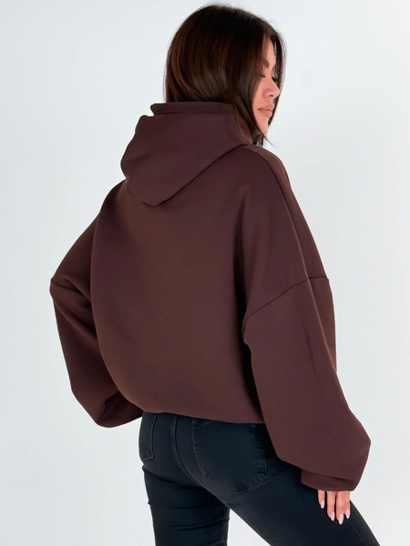 Bawełniana BLUZA z drapanego dresu z kapturem na stójce z kieszeniami kangurka brązowa E1