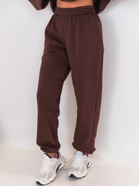 Dresowe bawełniane SPODNIE z wysokim stanem luźny krój ze ściągaczami brązowe E341