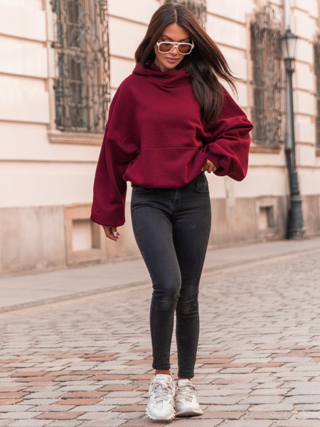 Bawełniana BLUZA z drapanego dresu z kapturem na stójce z kieszeniami kangurka bordowa E1