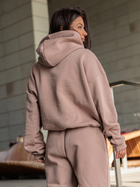 Dresowa bawełniana BLUZA z kapturem kangurka o klasycznym kroju mokka X350