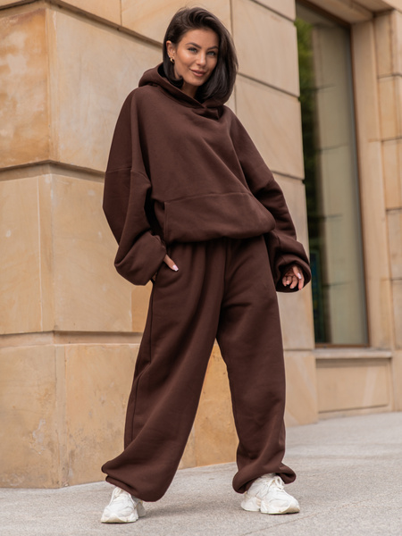 Viralowa Dresowa bawełniana BLUZA z kapturem oversize szeroka brązowa E644