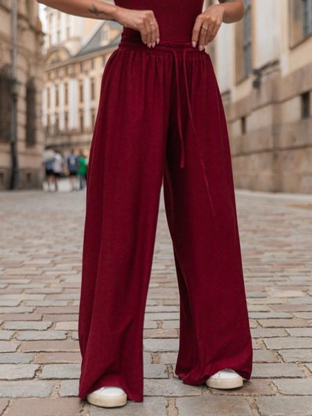 Szerokie SPODNIE z wiskozy ze średnim stanem z gumką w pasie bordowe X202 k01