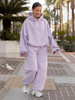 Oversizowy KOMPLET z drapanego bawełnianego dresu szeroka bluza z kapturem kangurka i spodnie szerokie baggy lawendowy E644 + E643