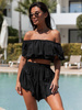 KOMPLET bluzka hiszpanka z odkrytymi ramionami i asymetryczne spódnico spodenki ze zwiewnej tkaniny czarny X123 k01