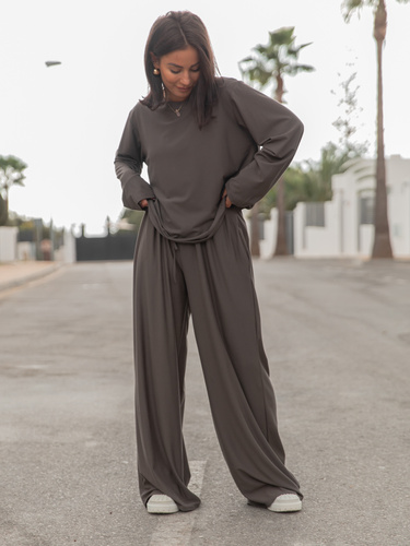 Luźny codzienny KOMPLET z wiscozy oversizowy t-shirt i luźne spodnie dark mokka X475