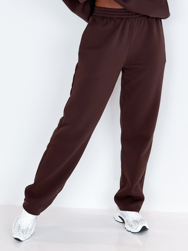 Dresowe bawełniane SPODNIE z wysokim stanem luźny krój brązowe E359 k01