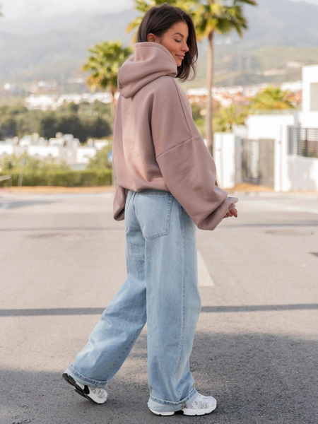 Viralowa Bawełniana BLUZA z drapanego dresu z kapturem na stójce z kieszeniami kangurka mokka E1