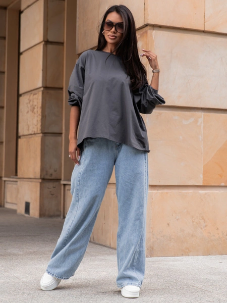 Oversizowy T-SHIRT bluzka z długim rękawem z bawełny grafitowy X313