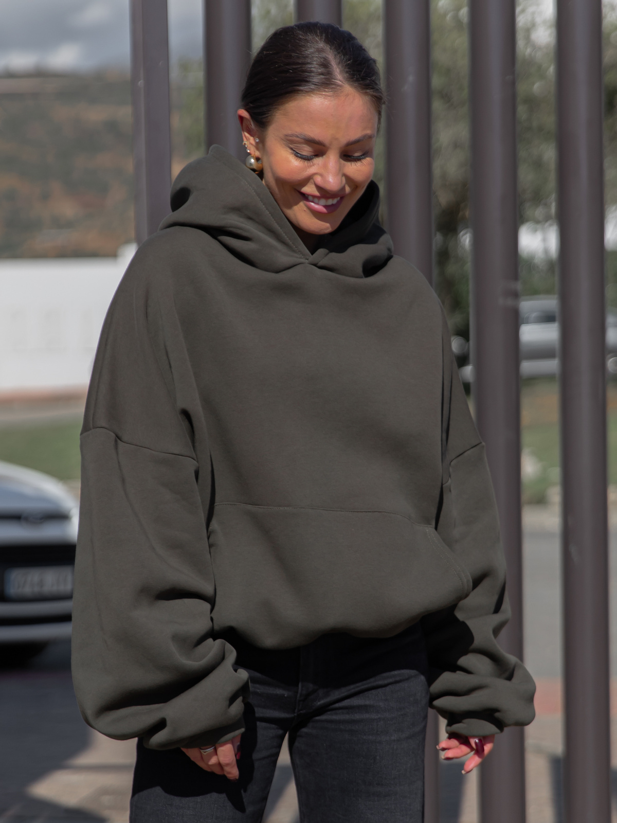 Viralowa Dresowa bawełniana BLUZA z kapturem oversize szeroka dark khaki E644