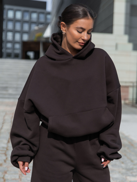 Viralowa Dresowa bawełniana BLUZA z kapturem oversize szeroka dark chocolate E644
