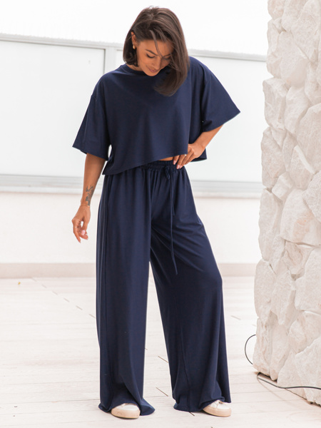 Szerokie SPODNIE z wiskozy ze średnim stanem z gumką w pasie navy blue X202 k01
