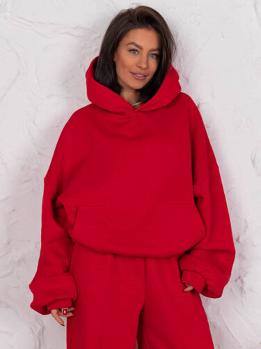 Dresowa bawełniana BLUZA z kapturem oversize szeroka czerwona E644