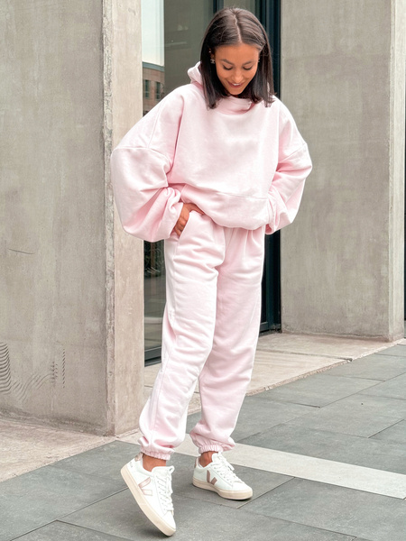 Dresowe bawełniane SPODNIE z wysokim stanem luźny krój ze ściągaczami baby pink E341