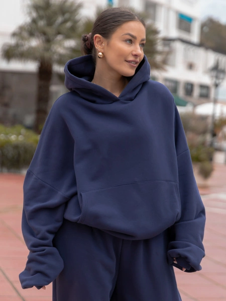 Dresowa bluza z bawełny baggy z kangurką i kapturem navy blue X562