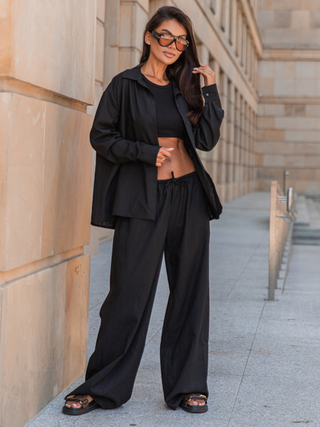 Lniane luźne długie SPODNIE z niższym stanem czarne X251 k01