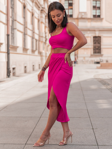 KOMPLET dopasowany top krótki na ramkach i maxi asymetryczna spódnica przekładana  amarant E303 k01