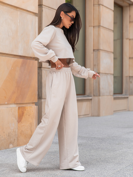 Dresowy bawełniany KOMPLET oversizowa bluzka z długim rękawem i luźne spodnie z szerokimi nagawkami stone X303