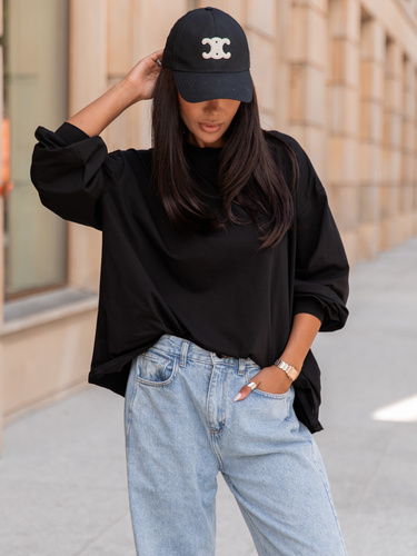 Oversizowy T-SHIRT bluzka z długim rękawem z bawełny czarny X313