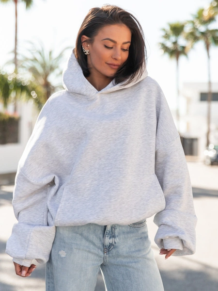 Viralowa Dresowa bawełniana BLUZA z kapturem oversize szeroka szary melanż E644