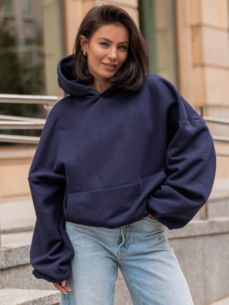 Viralowa Dresowa bawełniana BLUZA z kapturem oversize szeroka navy blue E644
