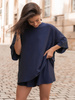 Wiscozowy KOMPLET luźny oversizowy t-shirt i krótkie spodenki z gumką w pasie navy blue X172 k01