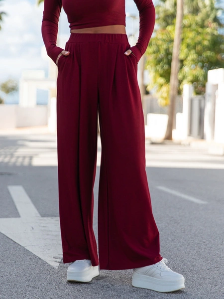 Szerokie SPODNIE z wiskozy z wysokim stanem z zaszewkami bordowe X18 k01